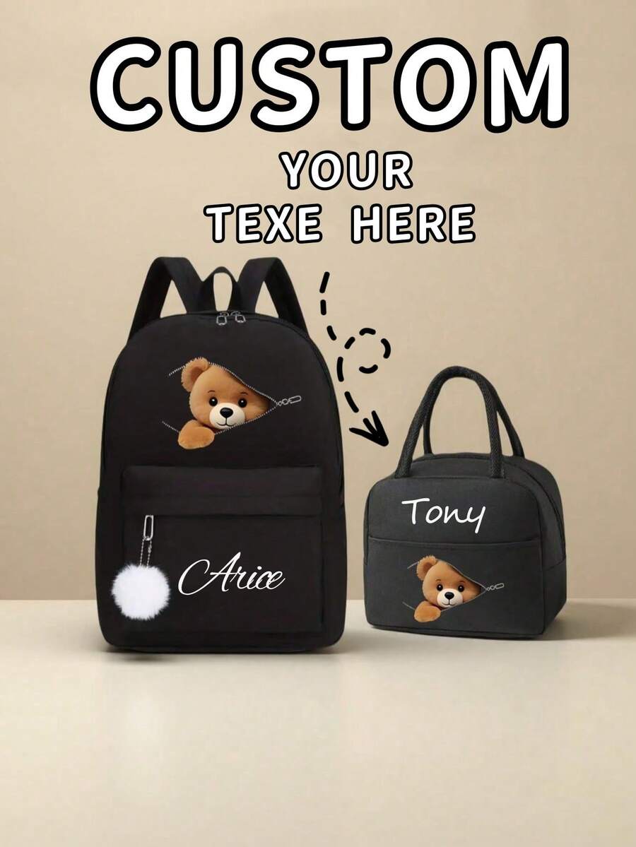 This 2-Piece Set Is A Customizable Back-To-School Gift Set, Including A Backpack (With White Fluffy Pom-Pom Decor) And A Tote Bag, As Well As An Insulated Lunch Box Bag And A Portable Aluminum Foil Cooler Bag, Printed With A Cute Cartoon Zipper Bear Pattern. - Black - View 1