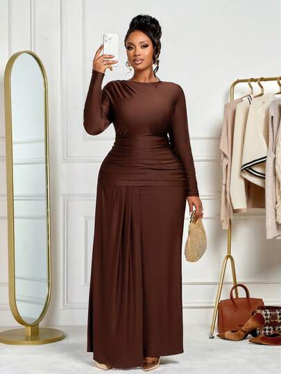 BIUBIU 大码女式纯色圆领褶裥开衩连衣裙，高弹力亮面棕色针织连衣裙，适合派对周年纪念礼服/婚礼宾客礼服/万圣节服装/秋冬季穿着