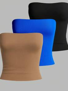 Kit3 Cropped Tube Top Tube Bandeau Blouse Basic Women's Lined Suplex Premium Blogger - Kit3 Tube Preta Azul Marrom - View 1