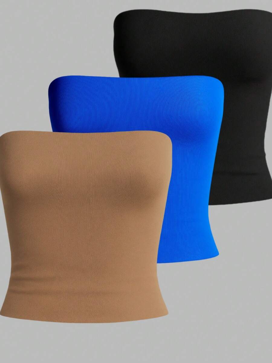 Kit3 Cropped Tube Top Tube Bandeau Blouse Basic Women's Lined Suplex Premium Blogger - Kit3 Tube Preta Azul Marrom - View 1