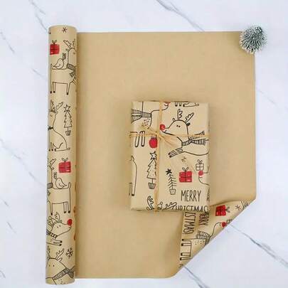 1 卷圣诞包装纸 - 17 英寸 X 118.11 英寸 - 圣诞礼盒生日派对装饰包装纸 - 可爱鹿图案，圣诞快乐