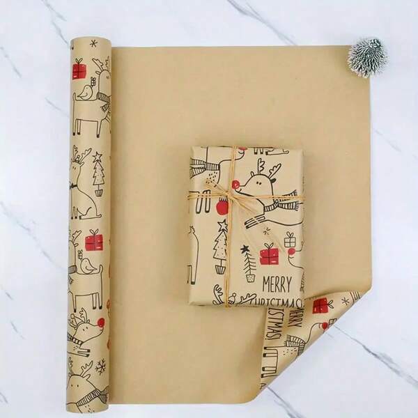 1 rolka papieru do pakowania prezentów świątecznych – 17 cali x 118,11 cala – papier do pakowania prezentów świątecznych na przyjęcie urodzinowe – uroczy wzór jelenia, wesołych świąt