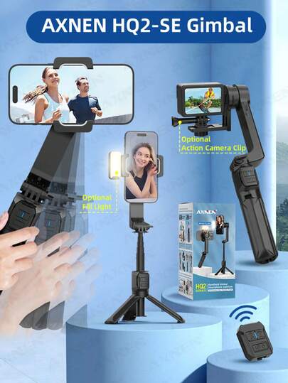 AXNEN 便携式三轴智能手机云台稳定器，带无线遥控器、补光灯、可折叠、360°旋转手机支架、自动平衡功能，适用于/安卓/GoPro