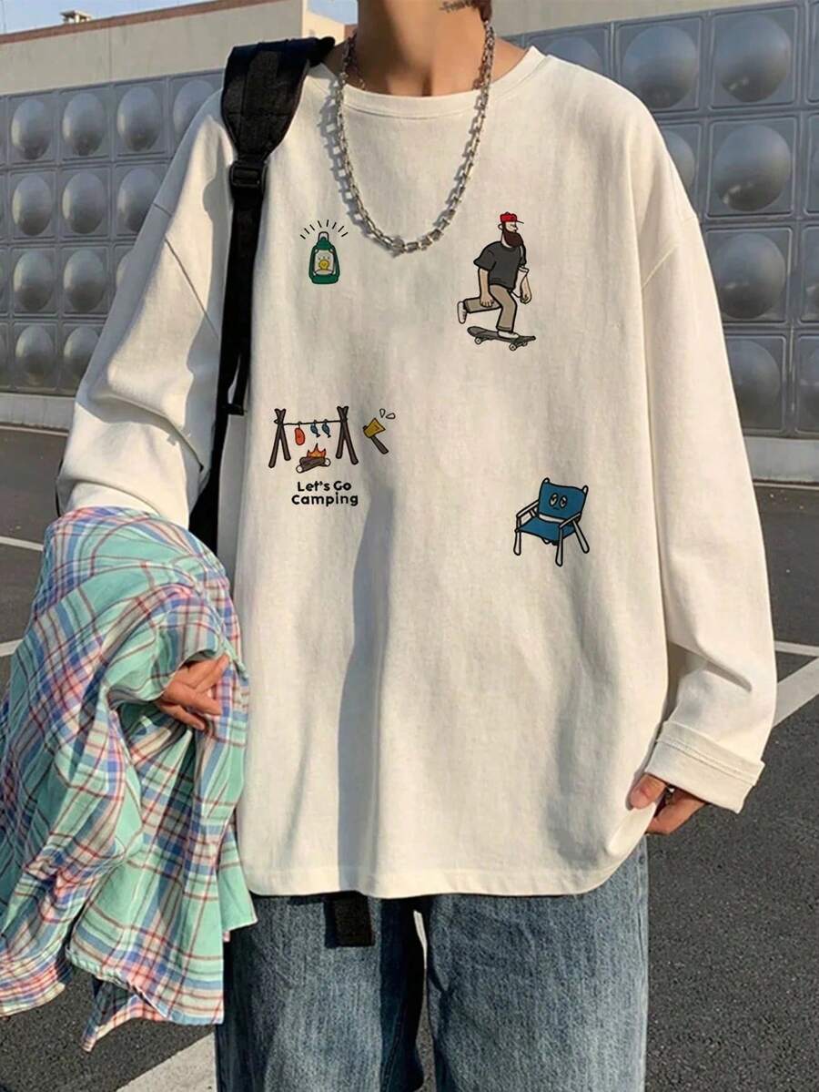 Men's Autumn Letter Print Crew Neck Long Sleeve Casual Graphic T-Shirt - trắng - Xem 1