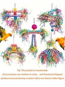 1pc Parrot Chewing Hanging Toy, 5 Assorted Shapes, Handwoven Wood Fiber, Bird Cage Accessory, Random Color