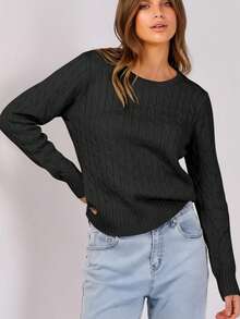 White Women's Long Sleeve Knit Solid Color Casual Ribbed Beach Sweater - Black - View 5