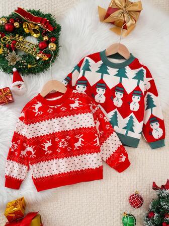 2pcs/Set Fashionable & Stylish Christmas Girls Thermal Lined Crew Neck Sweatshirt