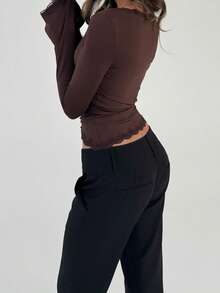 Women's Y2k Fall Long Sleeve Shirts Lace Trim Tie Up V Neck Slim Fit Shirts Tops Casual Going Out Blouse Tops Streetwear - 棕色 - 查看 4