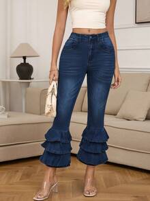 利基设计宽腿牛仔裤，带荷叶边下摆 - 深色水洗藍 - 查看 3