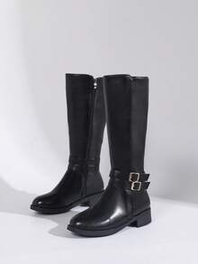 2025 年秋冬女式加大码皮革外观拉链侧靴，带保暖内衬，橡胶鞋底，舒适耐穿，高筒设计修饰腿部线条，适合搭配外套、裙子和日常穿着，百搭马术风格高筒靴，适合通勤和派对，黑色靴子 - 黑色 - 查看 8