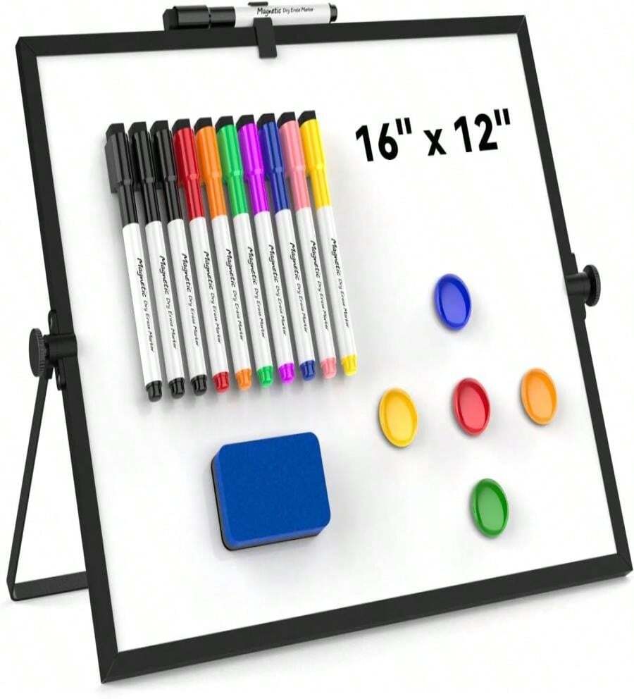 Dry Erase White Board, Cazeyoo Magnetic Desktop Whiteboard 16 X 12inch With Stand, 10 Markers, 4 Magnets And 1 Eraser, Portable Double-Sided White Board Drawing, Office, Home, School - Black - ColorA - 查看 1