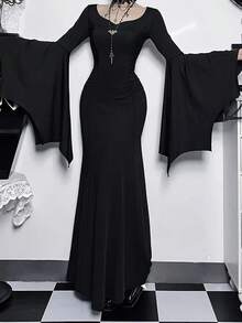 Women's Solid Color Casual Elegant Gothic Style Ruffle Sleeve Dress For Party Black - Black - View 1