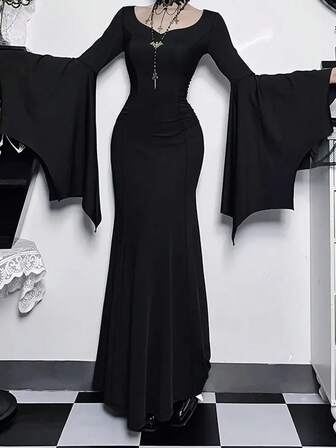 Women's Solid Color Casual Elegant Gothic Style Ruffle Sleeve Dress, Suitable For Party