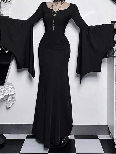 女士纯色休闲优雅哥特风荷叶边袖连衣裙，适合派对等场合，黑色，春季款