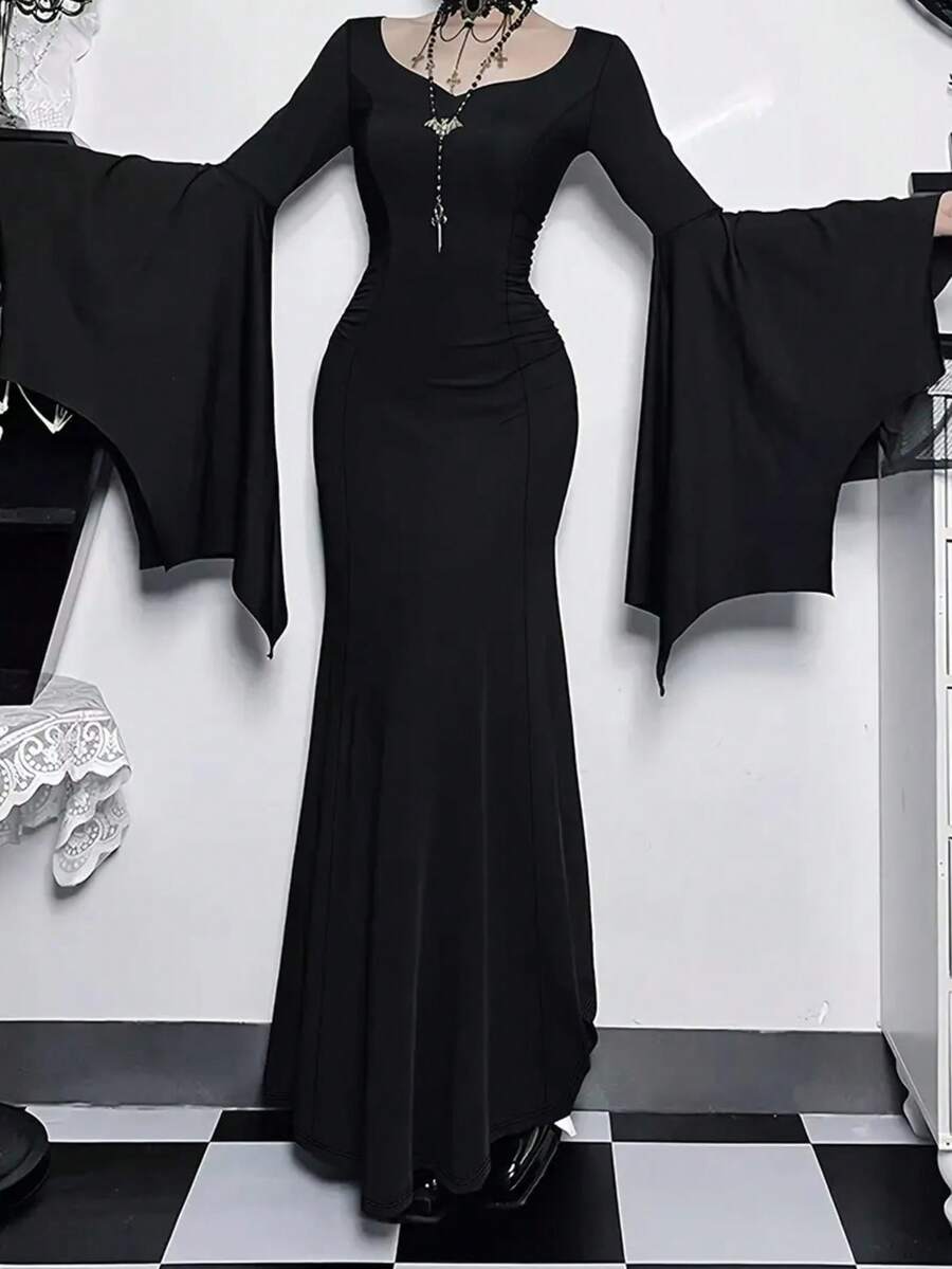 Women's Solid Color Casual Elegant Gothic Style Ruffle Sleeve Dress For Party Black - Black - View 1