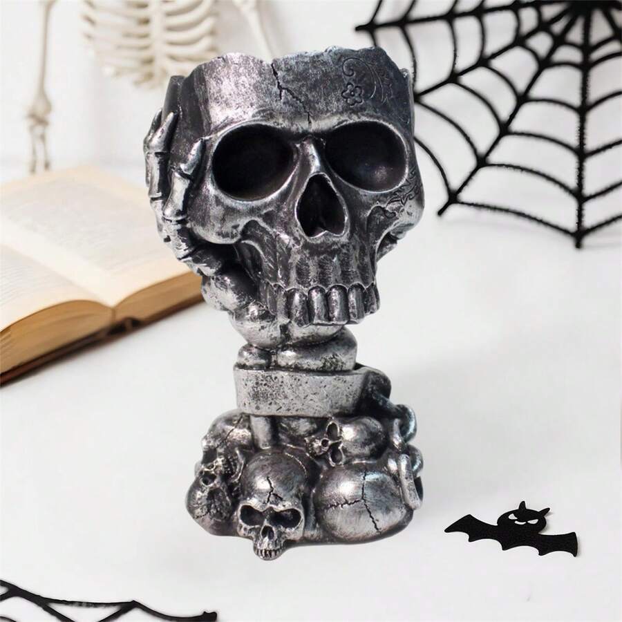 Skull Head Planter Halloween Succulent Flower Pot Gothic Tabletop Decorations For Home Holiday Party Decor - Black - View 1