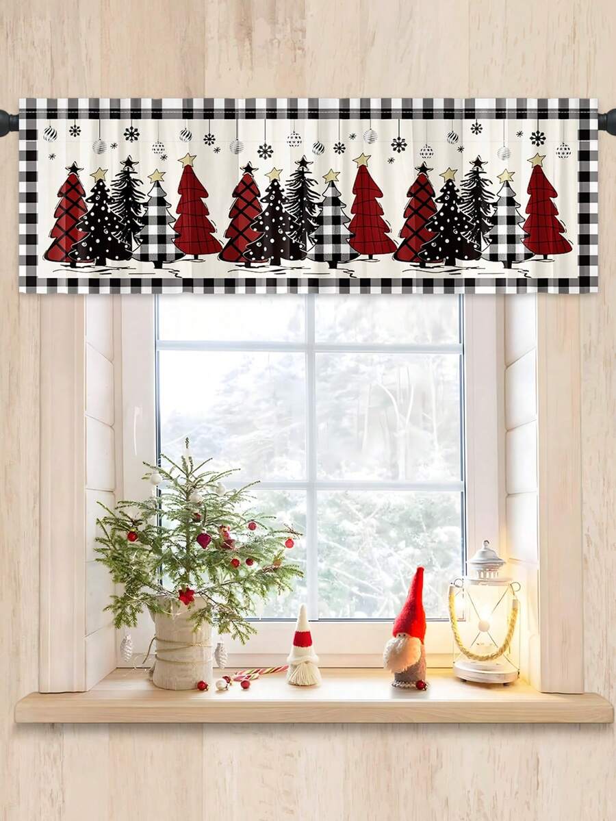 1 Stück Weihnachtsvorhang Gardine, Sonnenschutzvorhang mit Weihnachtsbaum & Schwarz-Weiß Gitter Design, bedruckte kurze Küchengardinen, Weihnachtshängedekoration, Weihnachtsdekoration für Zuhause, Fröhliche Weihnachten Dekoration, Weihnachtsschmuck, Badezimmerdekoration, Küchendekoration - Weihnachten E - Übersicht 1