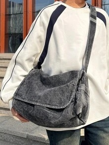 Túi vải canvas dày màu xám đậm phong cách tối giản cổ điển của Mỹ, Túi đeo chéo đa năng dung tích lớn, Túi đeo vai sinh viên đại học thông thường, Túi xách Courier có khóa kéo gấp gọn, Túi đeo chéo phong cách đường phố đơn giản - Màu xám đen - Xem 2
