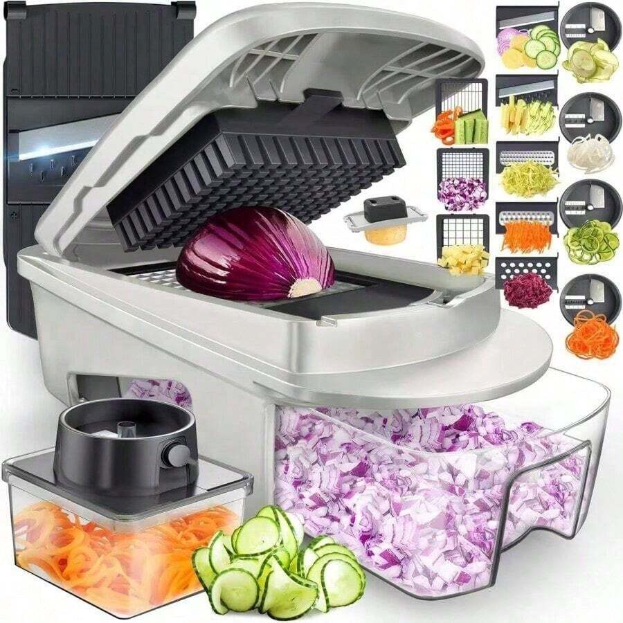 1 Siekacz do warzyw i cebuli, Wielofunkcyjna maszyna do krojenia, Narzędzie do przetwarzania składników, Siekacz do cebuli z koszem odpływowym, Siekacz do marchwi i czosnku z pojemnikiem, Narzędzia kuchenne, Akcesoria kuchenne, Nadaje się do domu/restauracji do szybkiego