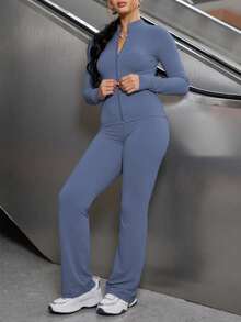 Bộ đồ nữ 2 món, áo kiểu dáng ôm sát thời trang màu trơn kèm áo khoác có khóa kéo và quần, chất liệu polyester nhẹ, phù hợp cho tập thể dục & yoga, mùa xuân/thu. - Màu xanh bụi bặm - Xem 3