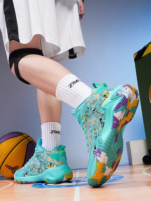 1 双篮球鞋，运动图案拼布男女运动鞋，健身房健身复古厚底厚底运动鞋，网眼透气轻便休闲跑鞋，防滑橡胶外底，迷彩