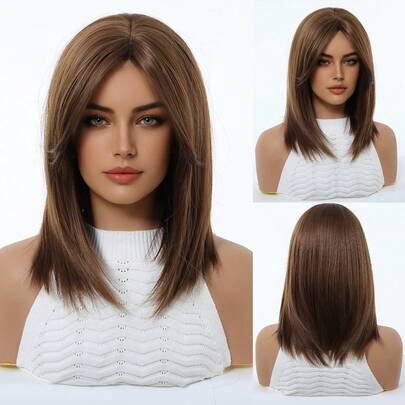14-Inch Short Coffee Brown Synthetic Machine-Woven Wig With Bangs, Natural Wig For Women, Summer Daily Party Role-Playing Wig, Accessory For Women, Graduation Gift, Girl's Gift, Halloween Wig, Halloween Gift