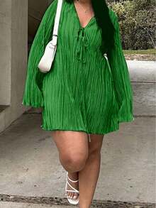 Plus Size Belted Dress, Slimming Fit, Bell Sleeve, Solid Color, Suitable For Summer Street Wear - Green - View 1