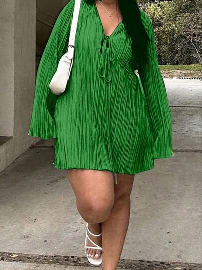 فستان مزود بحزام مقاس كبير، مناسب للتنحيف، أكمام جرس، لون أحادي، مناسب للارتداء في الشارع صيفًا