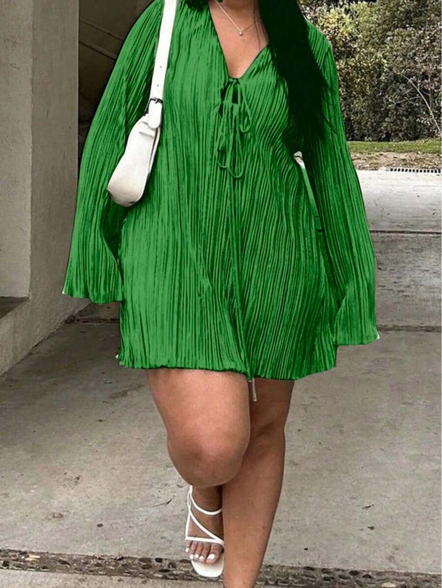Plus Size Belted Dress, Slimming Fit, Bell Sleeve, Solid Color, Suitable For Summer Street Wear - Green - View 1