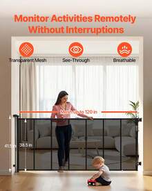 Retractable Baby Gate, Extends To 120 Inch Extra Wide, 38.5 Inch Tall, With Reinforced Fiberglass Strips, Avoids Crawling Through, Mesh Dog Gate For Decks, Doorways, Garages, Indoor, Black - Đen 120 inch 41 inch - Xem 4