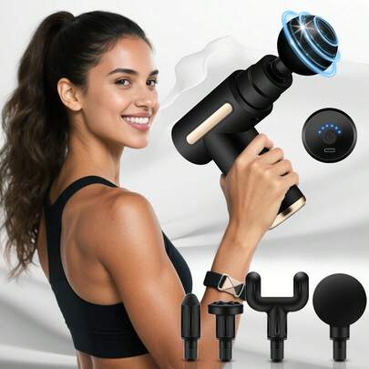 Pequeña pistola de fascia silenciosa recargable, masajeador eléctrico para relajación muscular, 5 ajustes de equipo, 4 accesorios para cabezales de masaje, regalos adecuados, padres, amigos, amantes, regalos navideños, regalos de cumpleaños