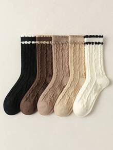 1/5 Pairs Women's Marl Color Cable Knit Double Layer Ruffle Hem Retro Style Mid-Calf Socks
