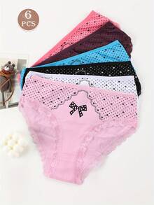 6pcs Contrast Lace Briefs Elegant Panties Size Bow Heart Print Comfy & Breathable Stretchy Intimates Women's Lingerie & Underwear - 彩色 - 查看 1