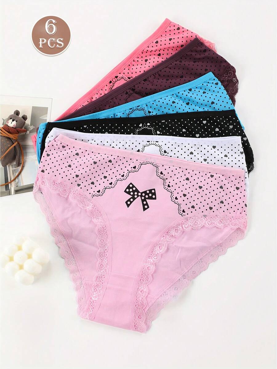 6pcs Contrast Lace Briefs Elegant Panties Size Bow Heart Print Comfy & Breathable Stretchy Intimates Women's Lingerie & Underwear - 彩色 - 查看 1