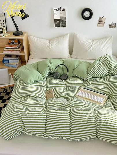 1pc Green Striped Duvet Cover, Suitable For Bedroom & Guestroom, Minimalistic Design For All Seasons, Machine Washable & Hand Washable