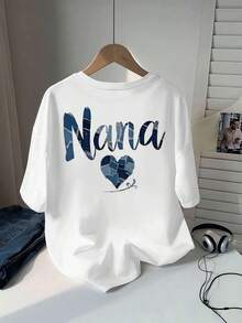 PLUS SIZE Nana Heart Graphic Tee , Women's Double Sided Printed Fashion Casual Round Neck 220gsm Cotton T-Shirt (1 PC) - 白色 - 查看 2