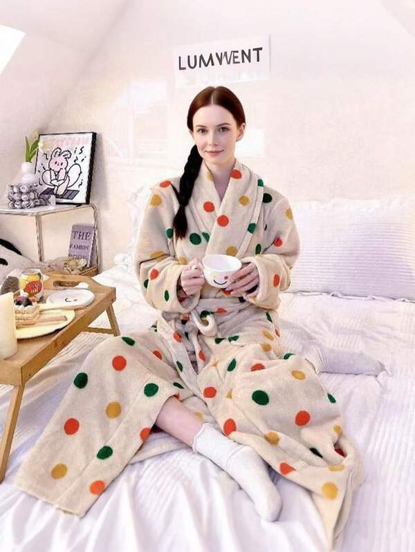 1 pieza Bata de terciopelo de felpa bordada con lunares de colores - Pijama de lana de manga larga con cinturón, adecuado para uso casual familiar. Franela, lana, terciopelo, felpa suave y cálida, bata perfecta para niñas jóvenes y estudiantes, un regalo cómodo para parejas/mejores amigos en cumpleaños y fiestas