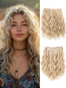 12 Inch Clip On Wig For Summer Autumn Lightweight Water Ripple Curly Wig 4-Piece Set Synthetic Heat-Resistant Fiber Wig Suitable For Women's Daily Holiday Wear - 米色 - 查看 8