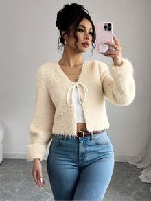 Chamarra casual abierta con flecos muy cortos y caliente - Beis - Ver 1