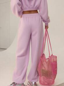 Women Solid Baggy Sweatpants Casual Elastic Waist Wide Leg Sports Pants With Pockets Loose Trousers - 紫色 - 查看 6