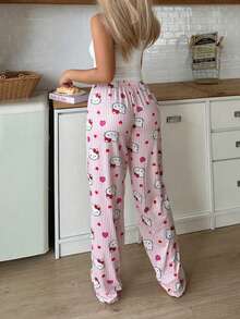 Sanrio 【奇幻世界】Hello Kitty印花女士吊带露脐上衣+弹力腰直筒裤睡衣套装（2件套） - 白色 - 查看 4