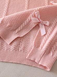 Girls & Teens' Cute Pink Bow Round Neck Twist Rope Cable Knit Pullover Sweater, Suitable For Daily, Vacation, Spring, Autumn, Winter - Pink - View 7