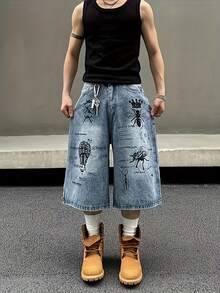 American Retro American Street Washed Insect Graffiti Denim Shorts Men's Loose Straight Casual Cropped Pants - Multicolor - View 5