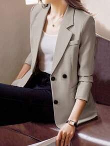 Lapel Neck Double Breasted Blazer - Maroon - View 5