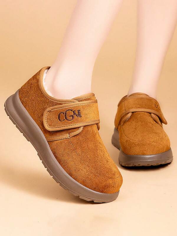 Women's Autumn And Winter New Soft And Warm Flat Hook And Loop Casual Solid Color Low Vamp Low Top Warm Shoes