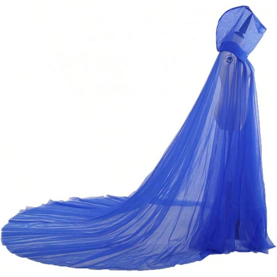 Bridal Tulle Cape With Long Train, Elegant Hooded Wedding Cloak For Bride, Inspired Dress Cover-Up - 藍色 - 查看 1