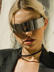 1pc Frameless Cyberpunk Goggles, Futuristic Wraparound Silver Mirror Fashion Glasses, Unisex Party Eyewear - Mercury Tablets - View 4