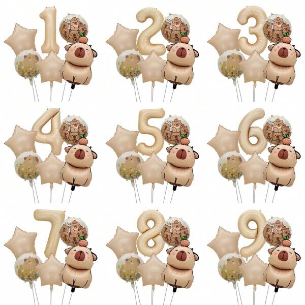 Set de ballons numériques de capybara - Set de ballons d'anniversaire de capybara couleur café - Décoration d'anniversaire de dessin animé - Jolie décoration de fête - Cadeau de naissance - Fête d'anniversaire - Fête de festival - Décoration de fête à thème - Set de photographie de décoration de fête - Accessoires de prise de vue