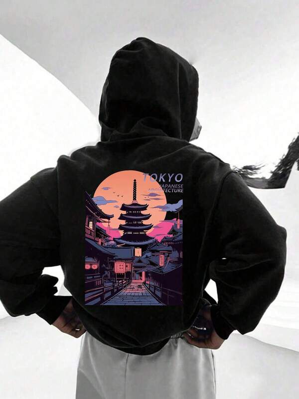 1PC Teen Boy Urban Style Tokyo Japanese Architecture Print Hooded Sweatshirt, Soft And Comfortable, Spring Autumn Daily Leisure Wear