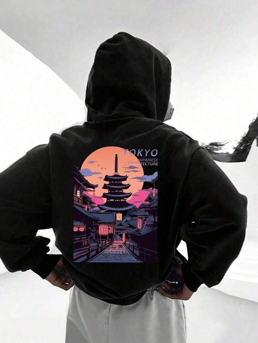 1PC Teen Boy Urban Style Tokyo Japanese Architecture Print Hooded Sweatshirt, Soft And Comfortable, Spring Autumn Daily Leisure Wear - Black - View 1